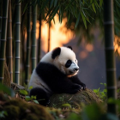 Baby panda sitting in bamboo forest