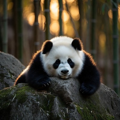 Baby panda resting on rock