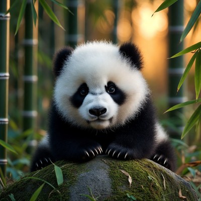 Baby panda sitting on mossy rock