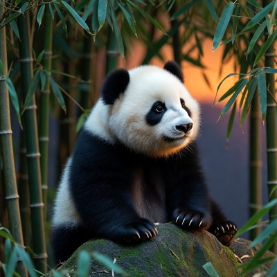 Baby panda on rock in bamboo