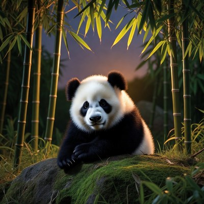 Baby panda in bamboo forest