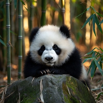 Baby panda on rock in bamboo forest