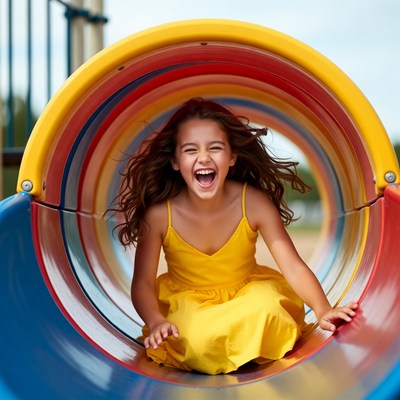 Girl laughing in colorful playground tunnel