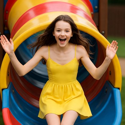 Girl Excited in Colorful Playground Tunnel