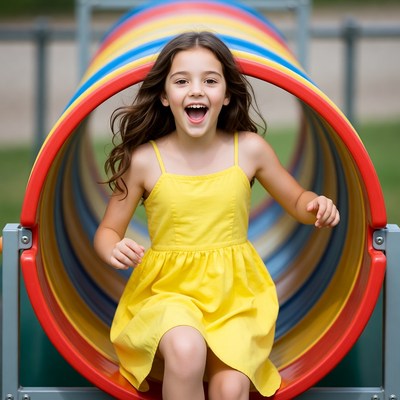 Girl smiling in colorful playground tunnel