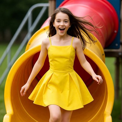 Girl running out of yellow playground slide