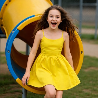 Girl smiling at blue yellow playground slide