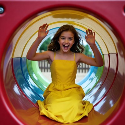 Girl smiling in colorful playground tunnel