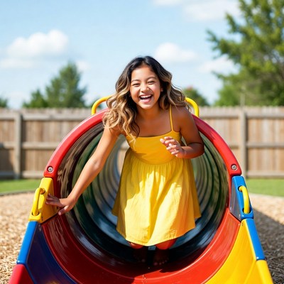 Girl smiling in playground tunnel