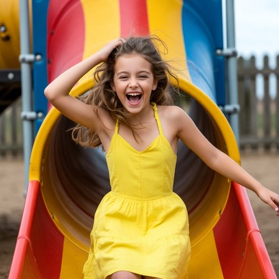 Girl laughing in colorful playground tunnel