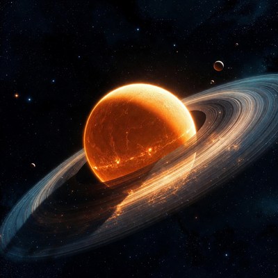 Glowing Saturn with Rings in Space