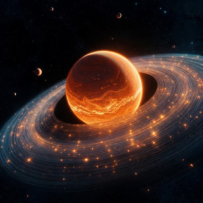 Fiery Ringed Planet in Space