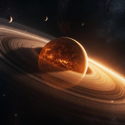 Saturn Orbiting Fiery Red Planet