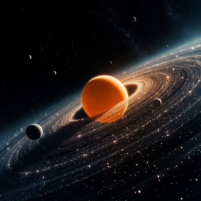 Ringed Planet with Moons in Space