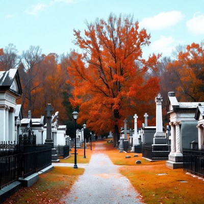 Autumn Cemetery with Orange Tree Path