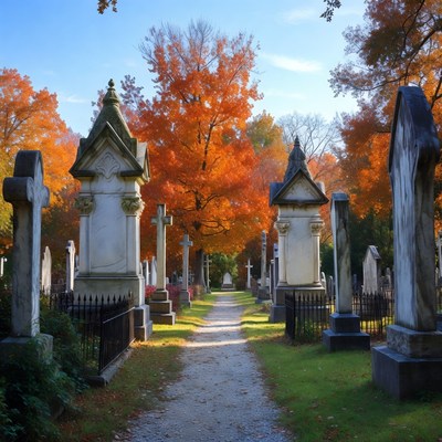 Autumn Cemetery Path with Gravestones