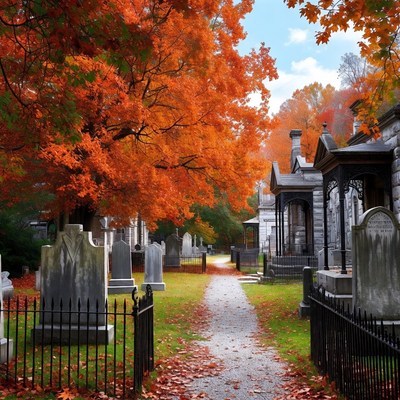 Autumn Path through Cemetery with Orange Trees