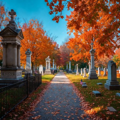 Autumn Cemetery Path with Gravestones