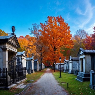 Autumn Cemetery Path with Orange Tree