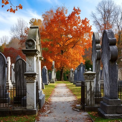 Autumn Tree in Cemetery Pathway