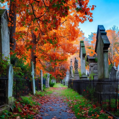 Autumn Path in Cemetery with Gravestones