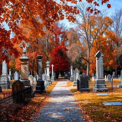 Autumn Cemetery Path with Gravestones