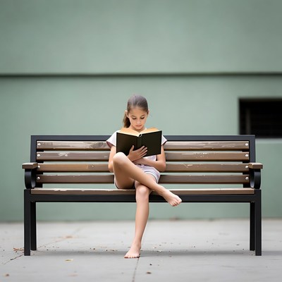 Girl reading book on park bench
