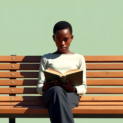 African woman reading book on bench