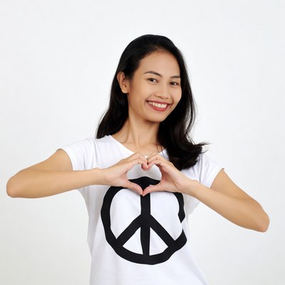 Asian woman making heart sign peace shirt
