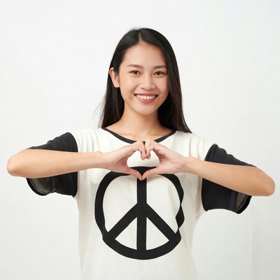 Asian woman making heart peace sign
