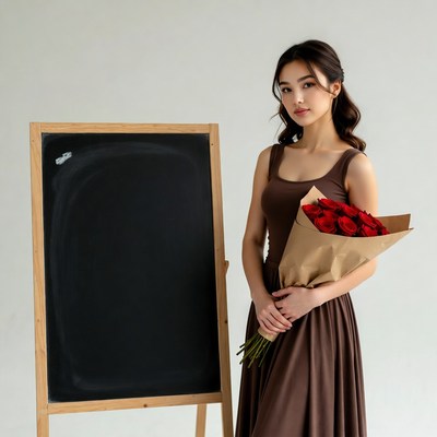 Asian woman holding red roses by blackboard