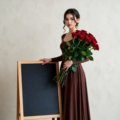 Woman holding red roses by blank chalkboard