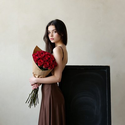 Woman holding red roses bouquet