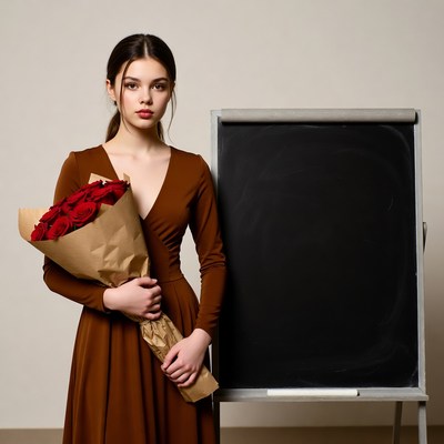 Woman holding red roses by blackboard