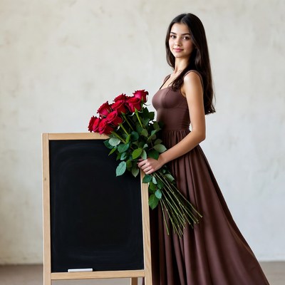 Woman holding red roses by blackboard