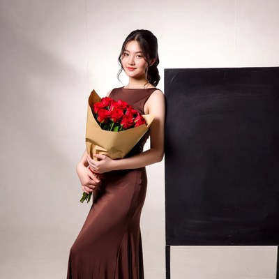 Asian woman holding red roses