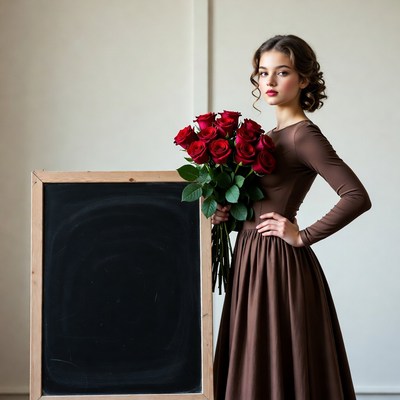 Woman holding roses by blackboard
