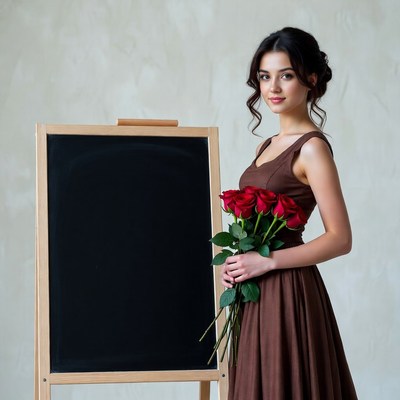 Woman holding red roses by blackboard