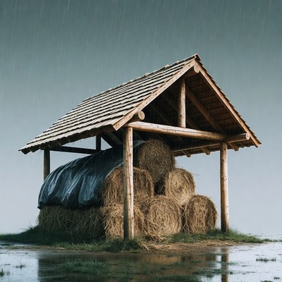 Hay Bales Under Wooden Shelter in Rain