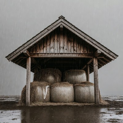 Hay Bales in Rainy Barn Shelter