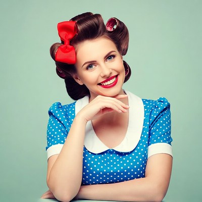 Woman with pin-up curls and red bow