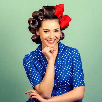 Woman with curlers and red bow