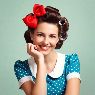 Smiling pinup woman with curlers and red bow