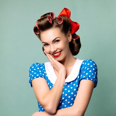 Woman with curlers and red bow