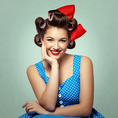 Woman with curlers and red bow