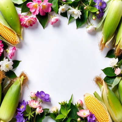 Corn and Flowers on White Background