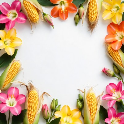 Corn and Flowers on White Background