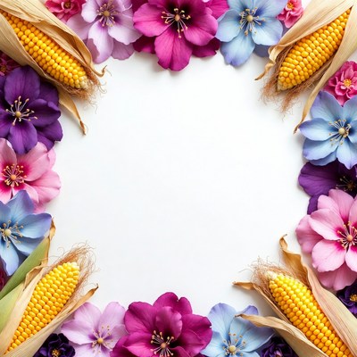 Corn and Flowers Border on White