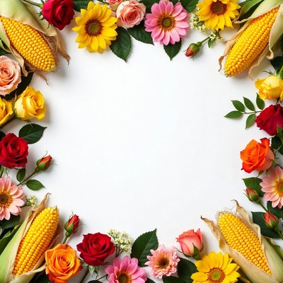 Corn and Flowers on White Background