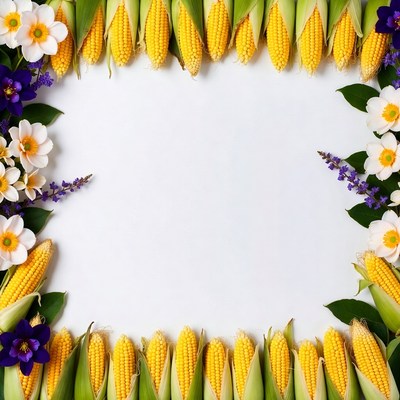 Corn Ears Flowers White Background Frame